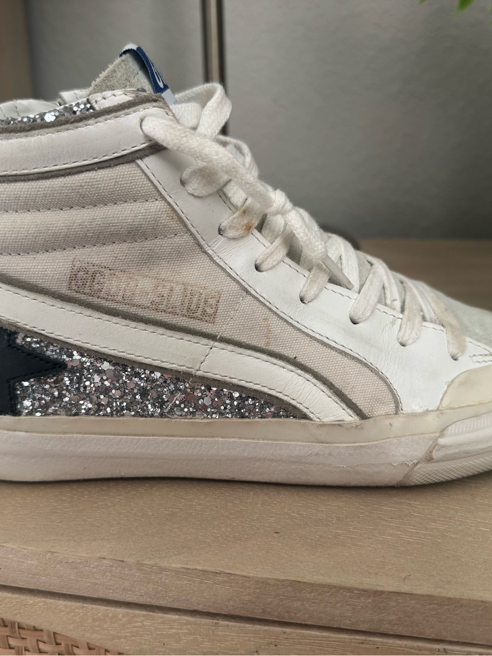 EUC Golden Goose Slide High-Top Sneakers with Silver Glitter Accents Black Star - Picture 4 of 13